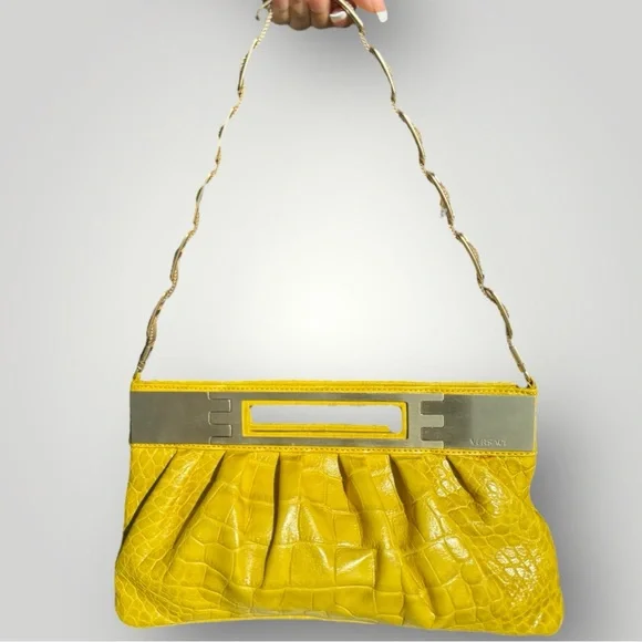 Versace Yellow Crocodile Embossed Leather Shoulder Bag 🌻 - Picture 2 of 9